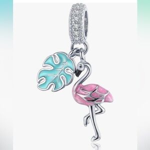 Summer Flamingo with tropical leaf charm sterling silver for Pandora bracelet